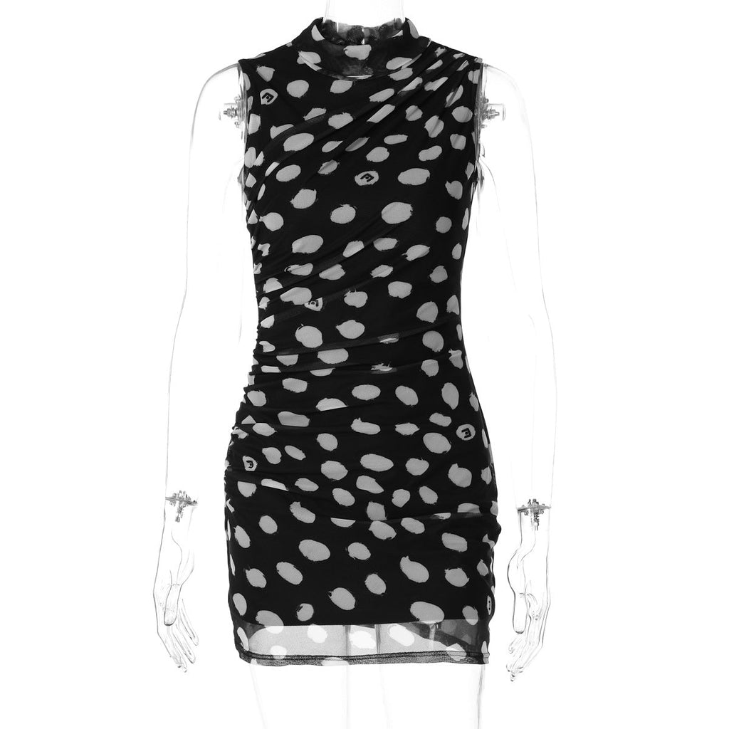 Women Half Turtleneck Sleeveless Mesh Polka Dot Print Faux Two Piece Skinny Slimming Sheath Dress Bella Mia