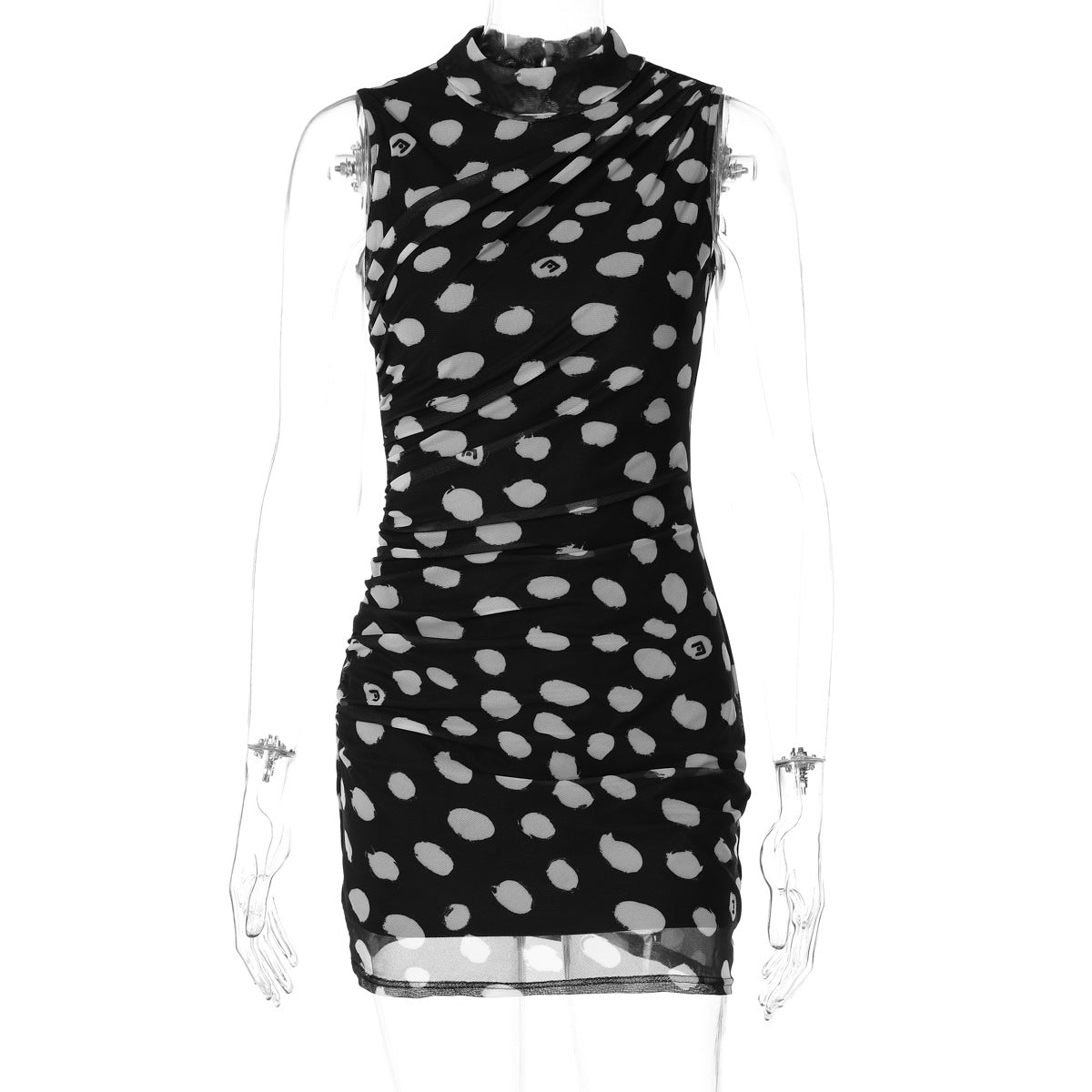 Women Half Turtleneck Sleeveless Mesh Polka Dot Print Faux Two Piece Skinny Slimming Sheath Dress Bella Mia