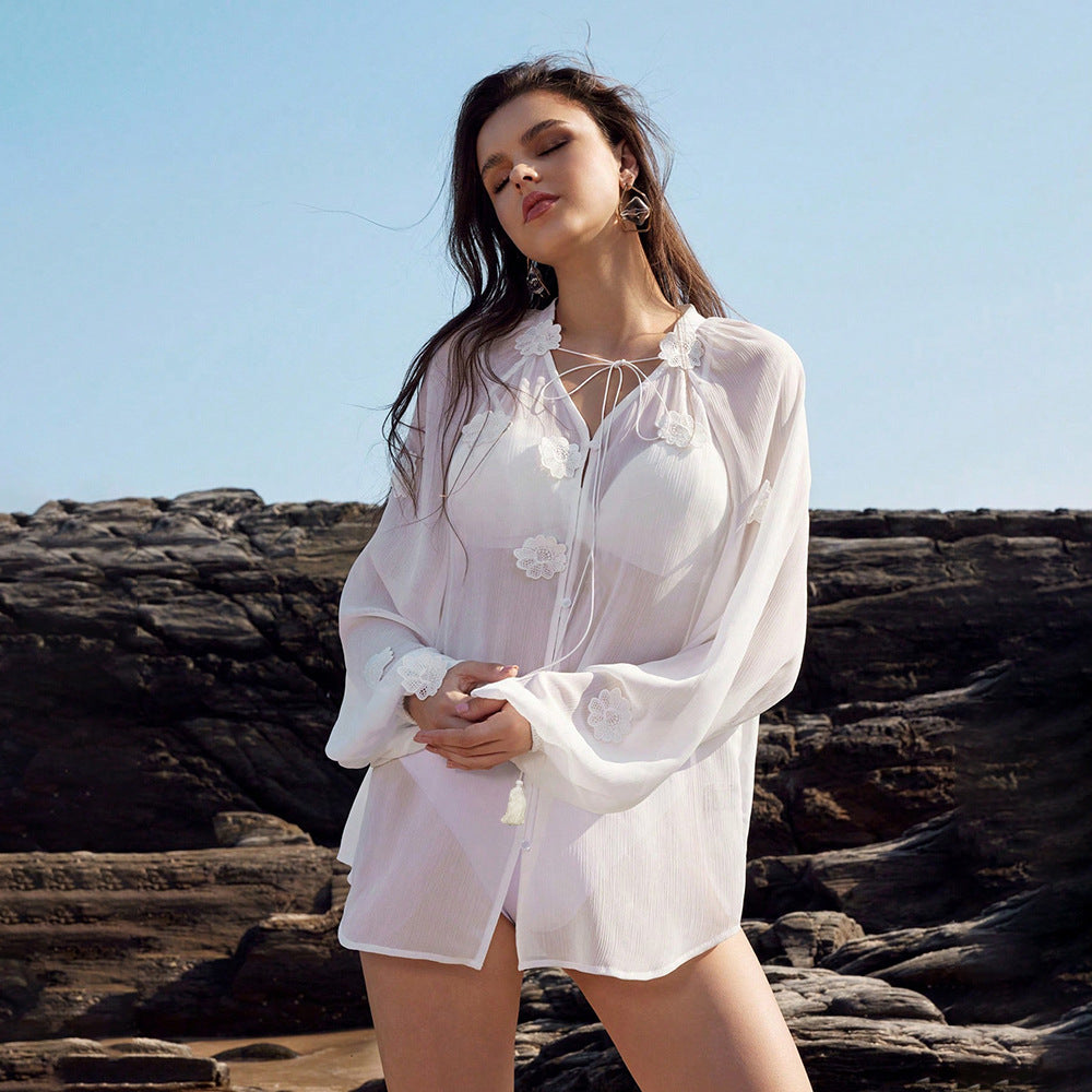 Solid Color Sexy See through Chiffon Beach Cover up Bikini Swimsuit Beach Shirt Women Bella Mia