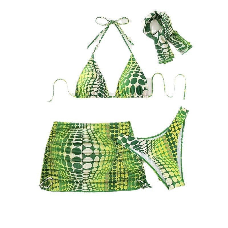 Printed Drawstring Lace Split Four Piece Swimsuit Women Sexy Triangle Bikini Bella Mia