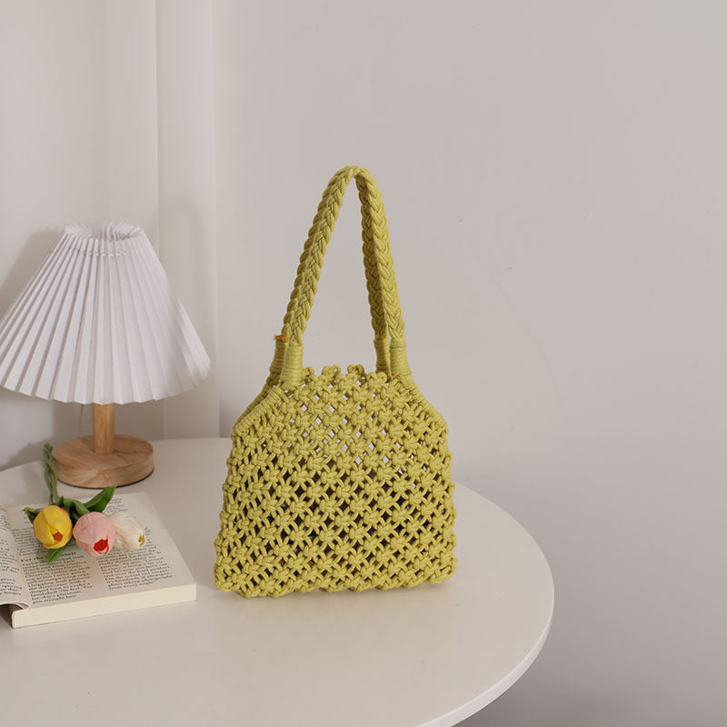 Hollow Out Cutout Cotton Thread Woven Bag Summer Cotton String Women Bag Portable Solid Color Straw Bag Vacation Beach Bag Bella Mia