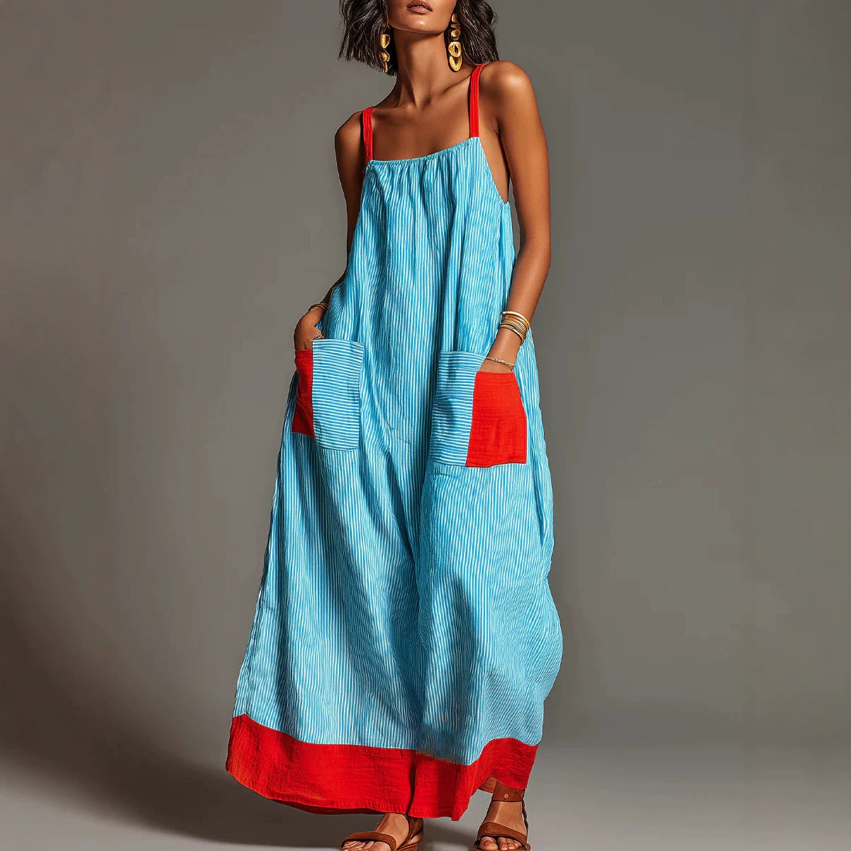 Striped Strap Dress Summer Elegant Travel Holiday Women Long
