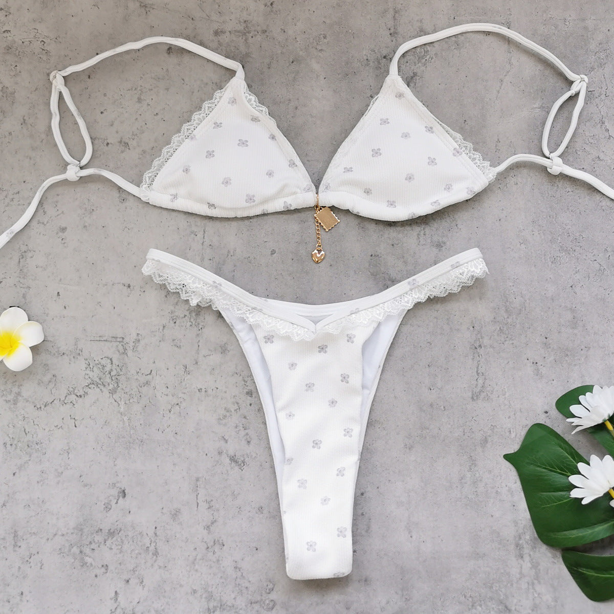 Fresh Printed Three Point Bikini Sexy Backless Lace up Low Waist Split Swimsuit for Women Bella Mia