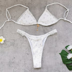 Fresh Printed Three Point Bikini Sexy Backless Lace up Low Waist Split Swimsuit for Women Bella Mia