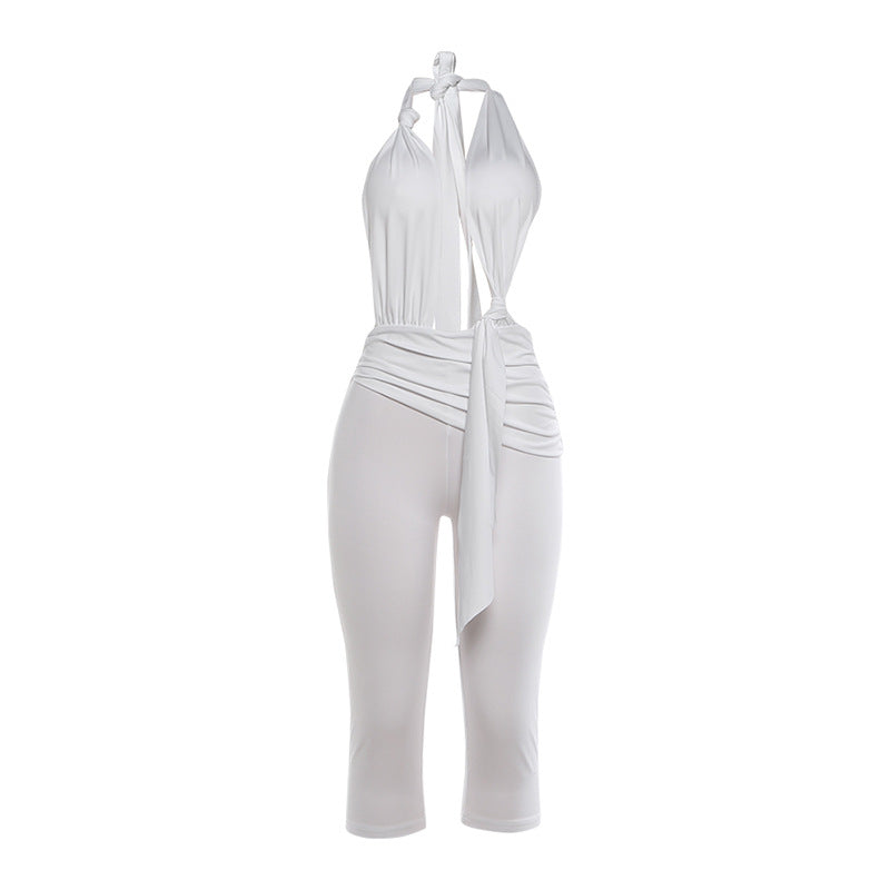 Spring Women Sexy Backless Halter Lace up Solid Color Slim Fit Bodysuit Bella Mia