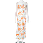 Spring Waist Controlled Long Spaghetti Strap Floral Print Slim Fit Lace up Dress Bella Mia