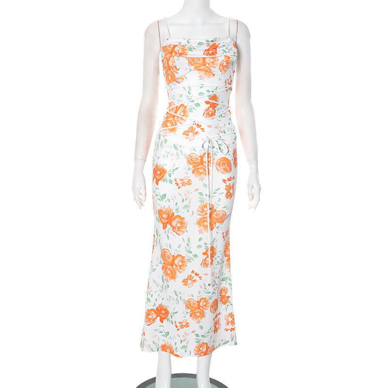 Spring Waist Controlled Long Spaghetti Strap Floral Print Slim Fit Lace up Dress Bella Mia