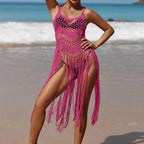 Beach Vacation Sexy Hand Crocheting Woven Hollowed Tassel Beach Mid Length Dress Bikini Smock Dress Bella Mia
