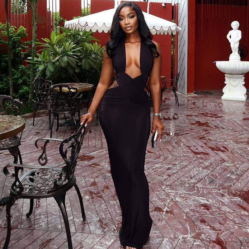 Street Solid Color Women Clothing Ruffle Hip One Step Low Cut Slim Fit Halter Slimming Maxi Dress Bella Mia