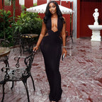 Street Solid Color Women Clothing Ruffle Hip One Step Low Cut Slim Fit Halter Slimming Maxi Dress Bella Mia