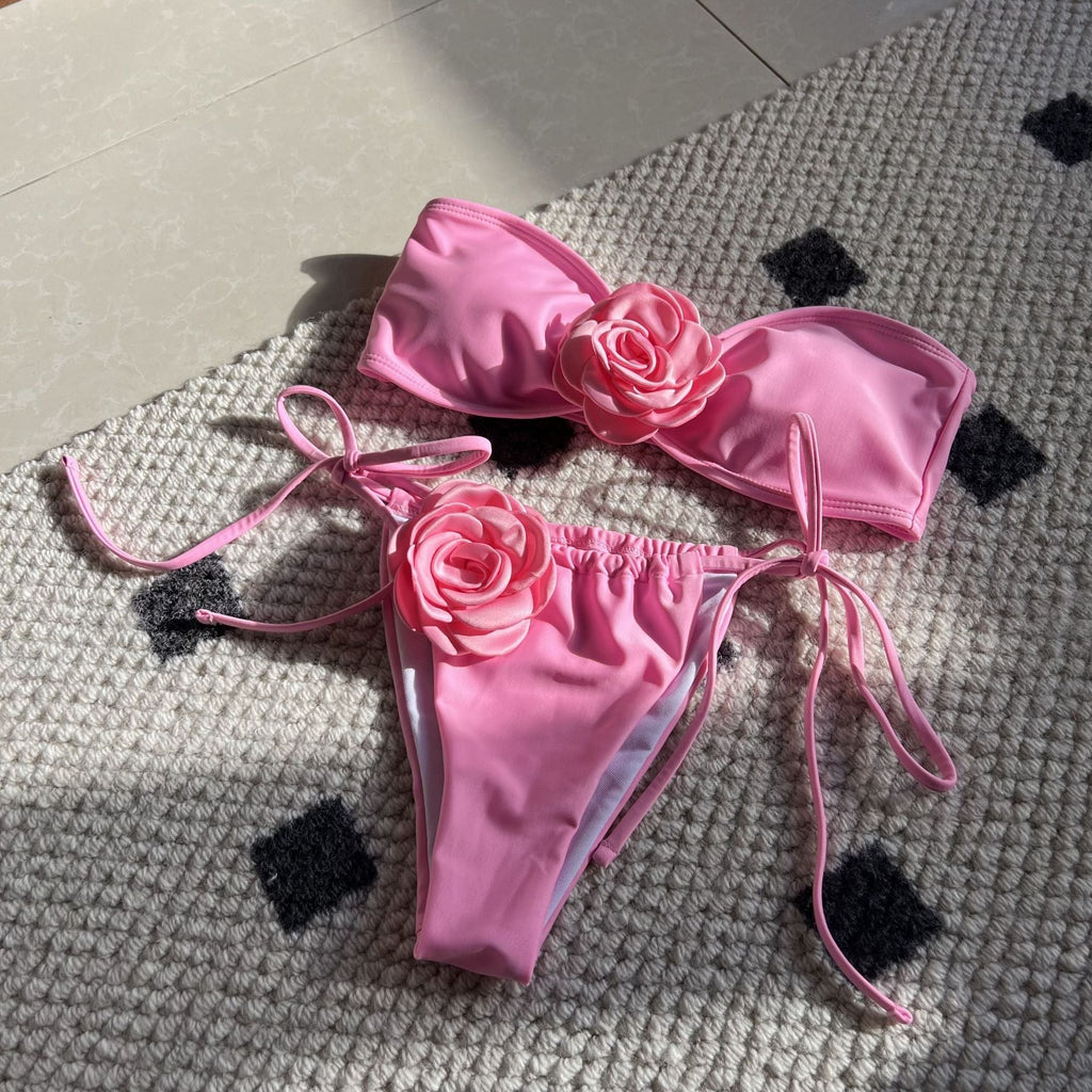 Solid Color Rose Tube Top Drawstring Strap Split Swimsuit Bikini Bella Mia