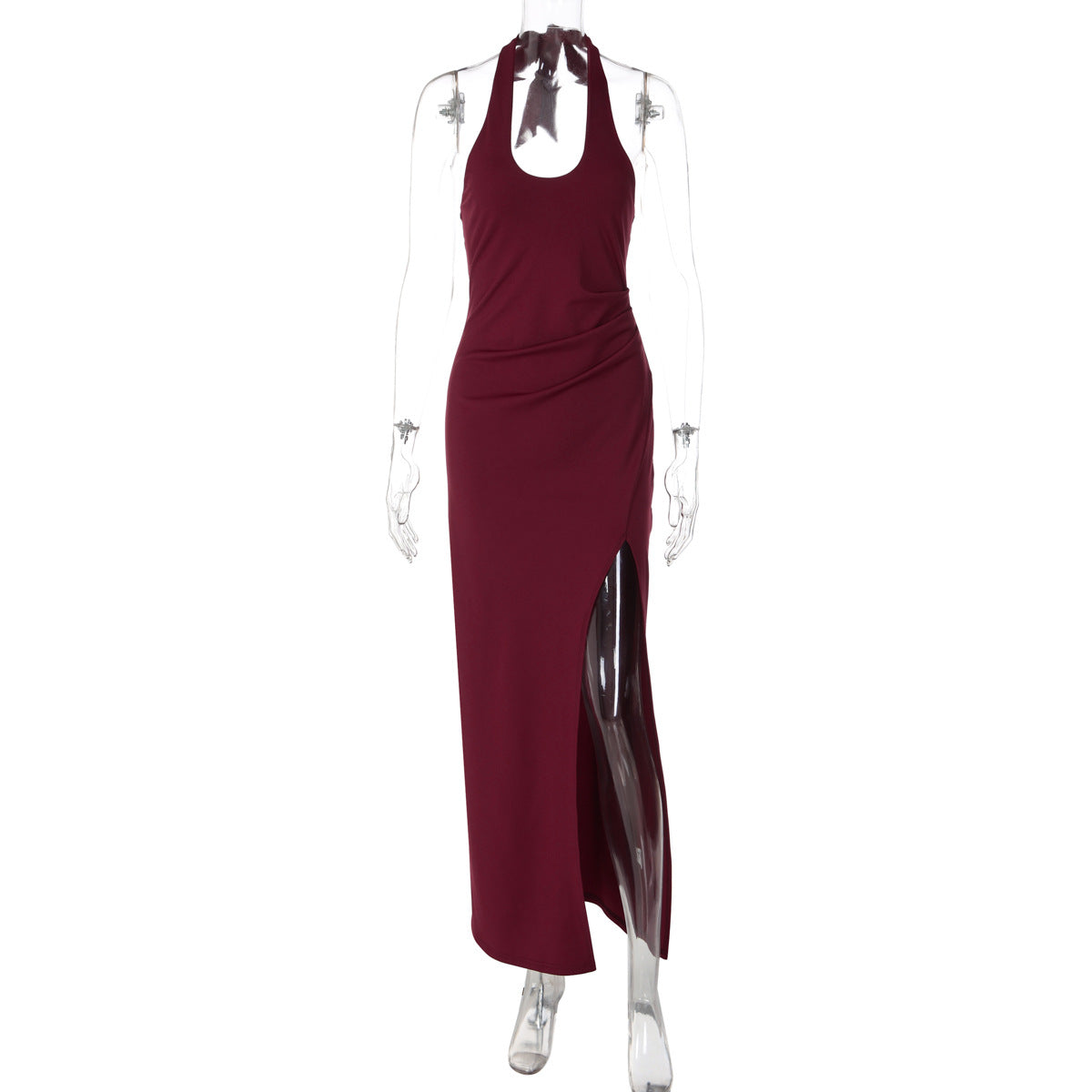 Summer Elegant Elegant Dress Lace up Halterneck U Collar Waist Trimming Split Dress
