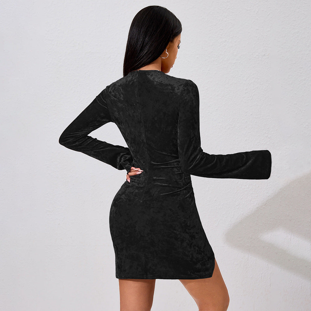 Women Sexy Dress Autumn Winter Bell Sleeve Pleated Waist Tight Short Hip Bella Mia
