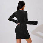 Women Sexy Dress Autumn Winter Bell Sleeve Pleated Waist Tight Short Hip Bella Mia