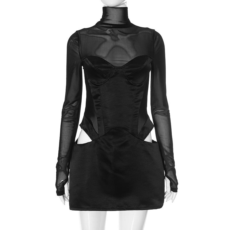 Mesh Patchwork Turtleneck Sexy Slim Hollow Out Cutout Cut Hip Bella Mia