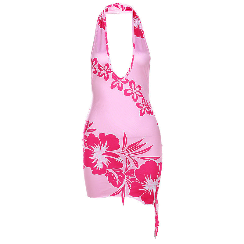 Women Clothing Autumn 3D Printed Halter Backless Deep V Plunge Sexy Slim Hip Dress Bella Mia