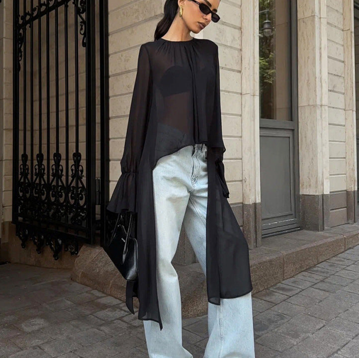 Chiffon Shirt Women Black Mesh Irregular Asymmetric Niche Design round Neck Ruffle Sleeve Long Sleeve Top Bella Mia