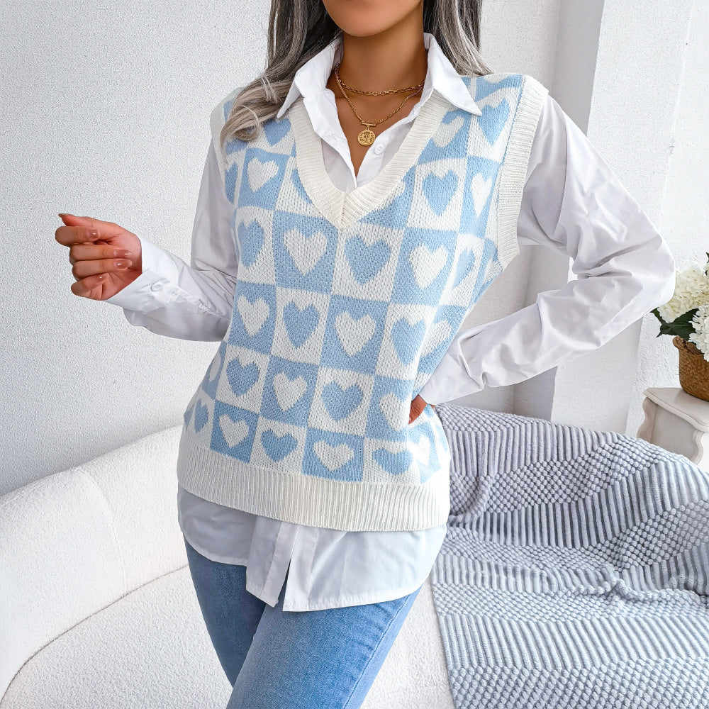 Autumn Winter College Heart Knitted Vest Sweater Vest Women Clothing Bella Mia