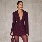 Women Clothing Autumn Winter Solid Color Deep V Plunge Collared Pleated Mini Waist Dress for Women Bella Mia