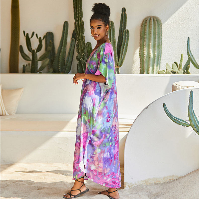 Rayon Purple Printed Beach Cover up Vacation Maxi Dress Robe Beach Cover Up Bella Mia