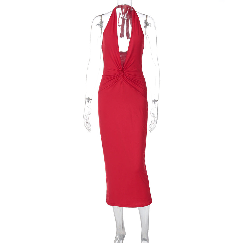 Sexy Deep V Plunge neck Sleeveless Solid Color Backless Street Sheath Mid Length Halter Dress Women Clothing Bella Mia