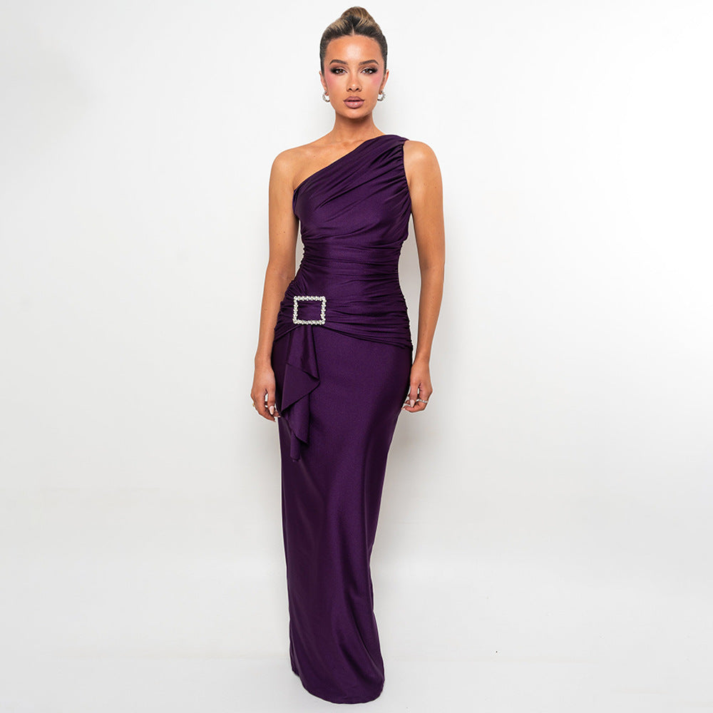 Women Wear Maxi Dress Sexy One Shoulder Pleated Sheath Dress Bella Mia