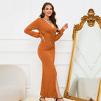 Sexy Elegant Deep V Plunge-neck Design Front Slit Pleated Waist Tight Sheath Dress Bella Mia