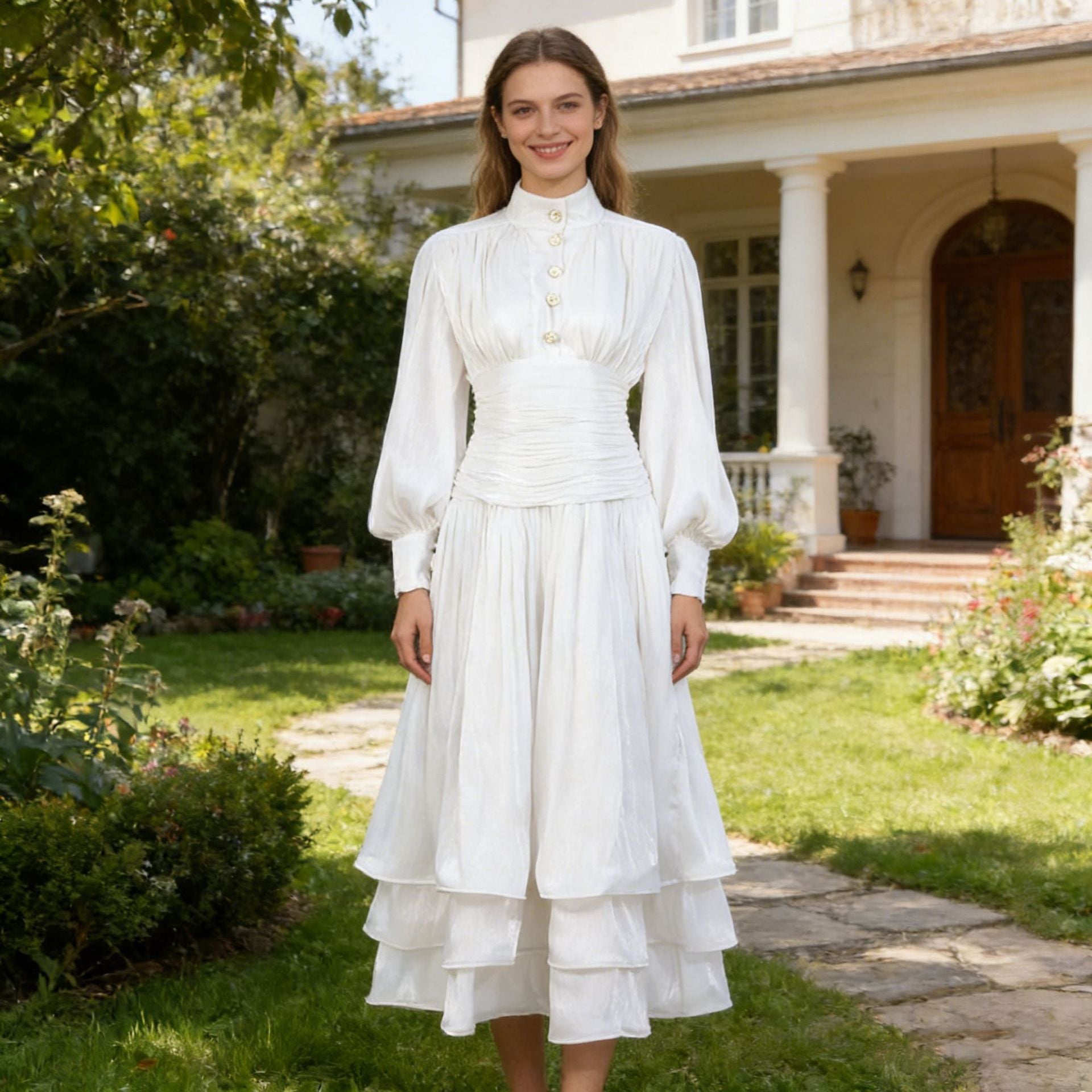 Spring Elegant Retro Lantern Sleeve Breasted Ruffled Maxi Dress Waist Slimming Dress Bella Mia