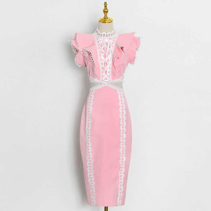 Elegant Women Hip Sexy Solid Color Ruffles Stitching Scheming Hollow Out Cutout out Maxi Dress Bella Mia