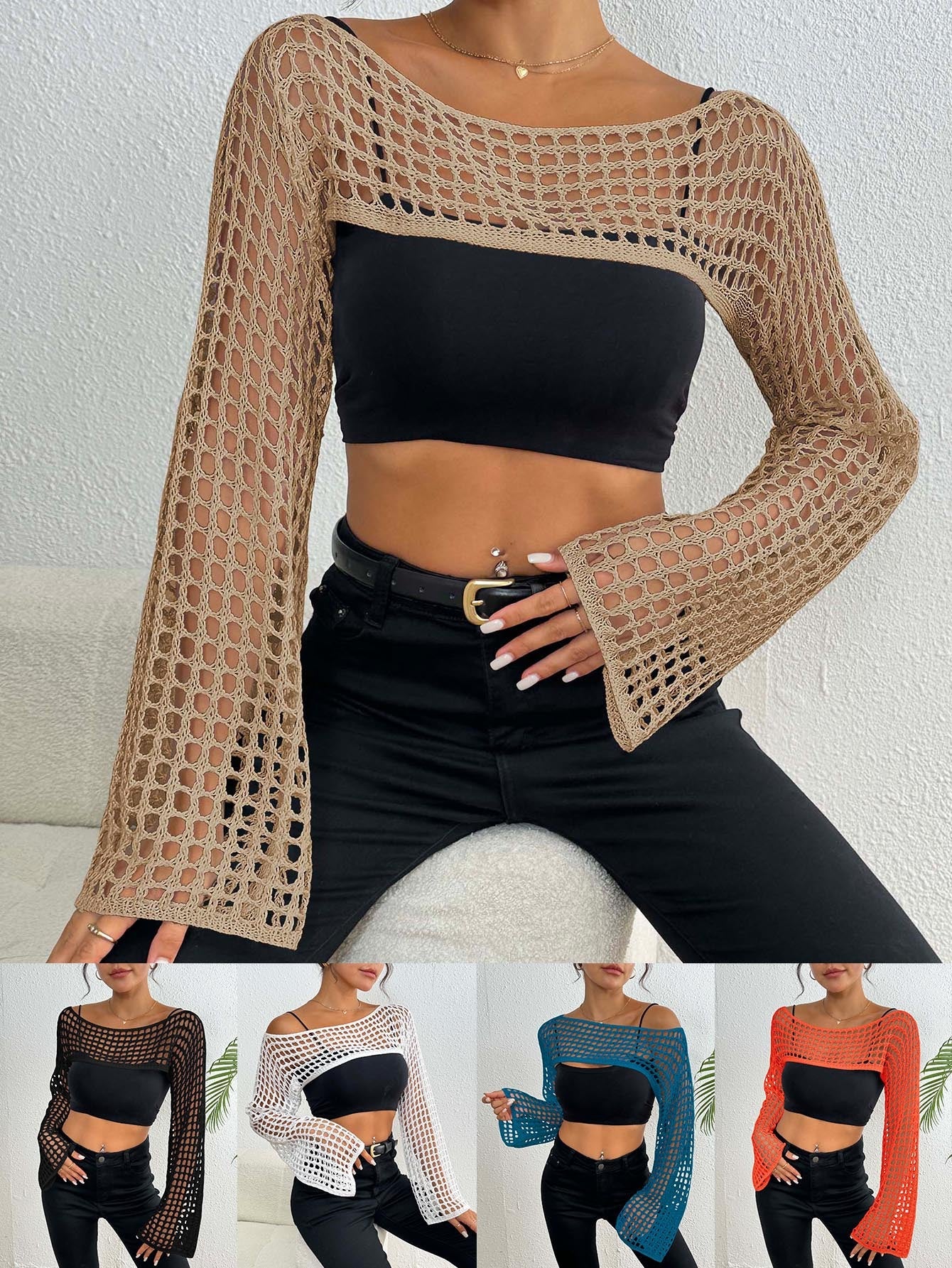 Spring Summer Beach Cover-up Women Clothing Short Top Casual off Neck Woven Shirt Short Top