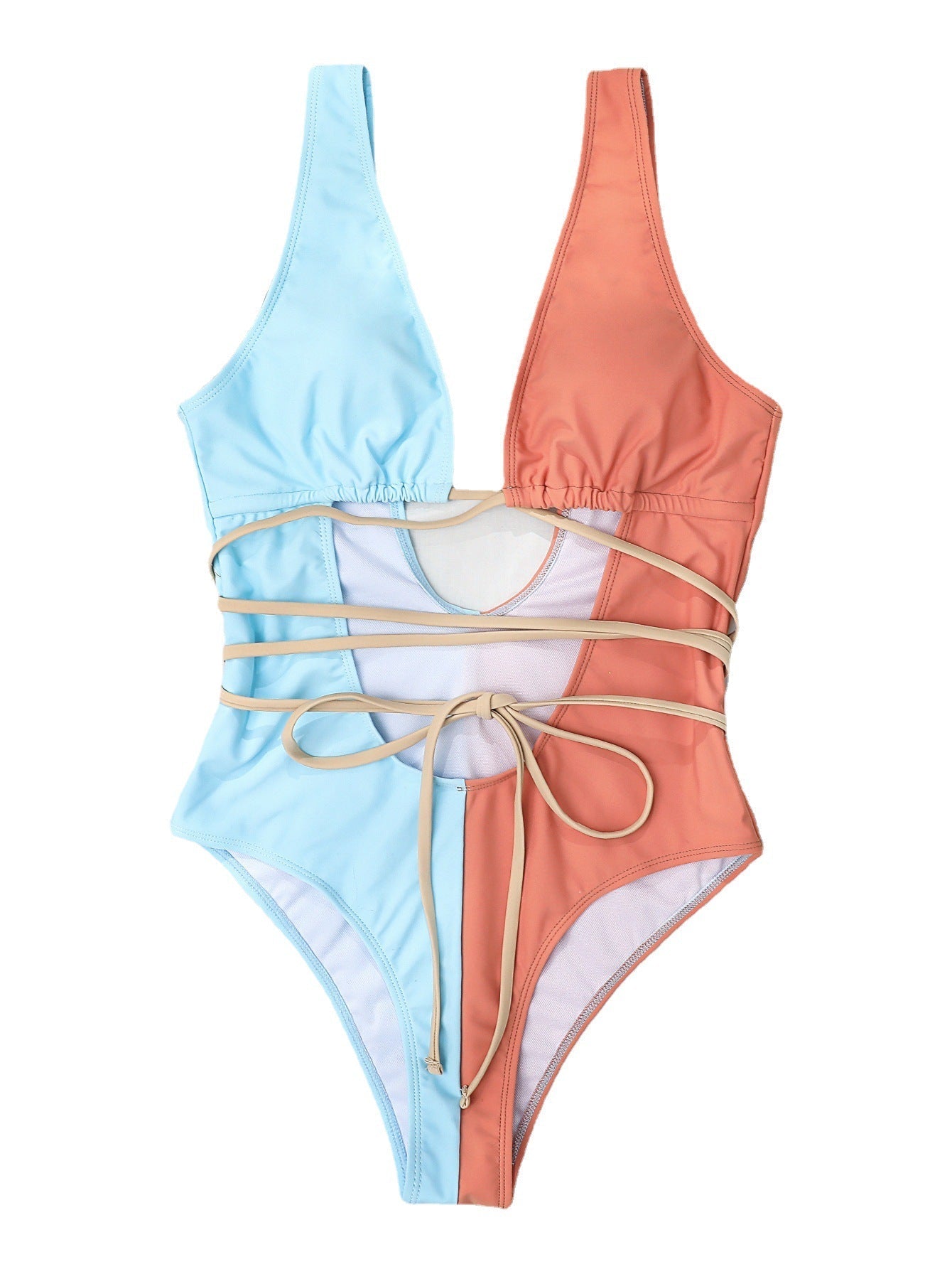 Color Matching Waist Hollow Out Cutout out Tied One-Piece Backless Sexy Bikini Swimsuit Swimwear Women Bella Mia