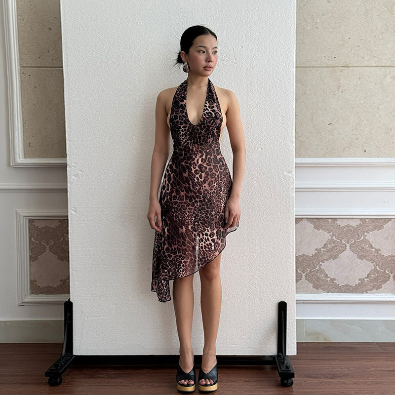 Summer Halter Dress Women Sexy Halter Leopard Print Mesh Dress Bella Mia