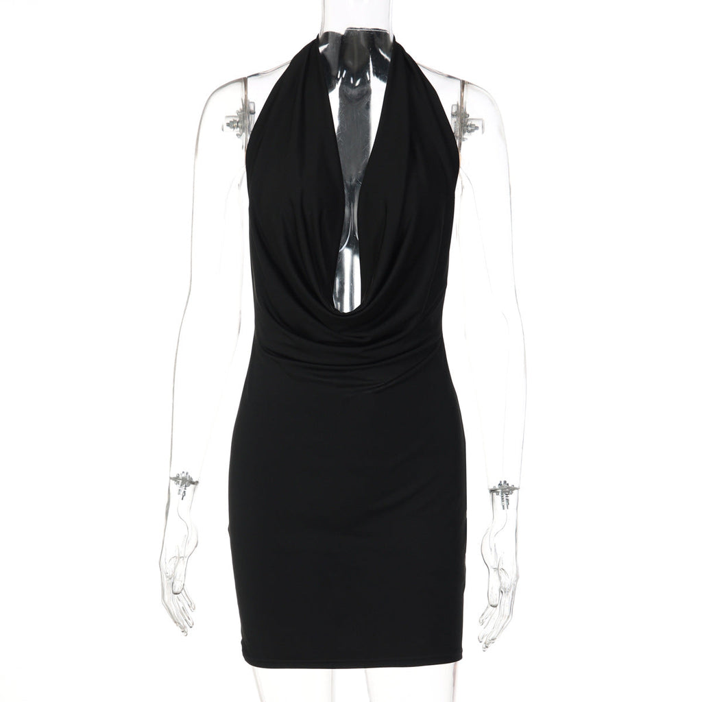Women Solid Color Halter Deep V Plunge neck Backless Sexy Slim Hip Dress Bella Mia