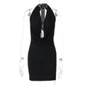 Women Solid Color Halter Deep V Plunge neck Backless Sexy Slim Hip Dress Bella Mia