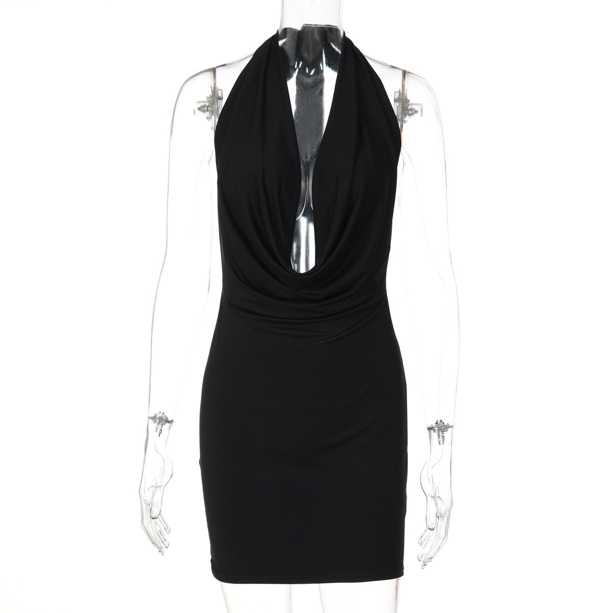 Women Solid Color Halter Deep V Plunge neck Backless Sexy Slim Hip Dress Bella Mia