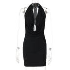 Women Solid Color Halter Deep V Plunge neck Backless Sexy Slim Hip Dress Bella Mia