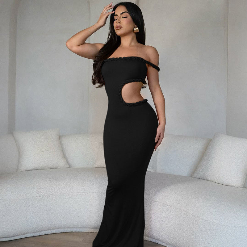 Summer Women Clothing Sexy off Neck Hollow Out Cutout out Cropped Slim Hip Dress Bella Mia