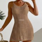 Vacation Women Clothing Short Chic round Neck Plaid Texture Hollow Out Cutout out See through Camisole Sexy Short Dress Crochet hook Bella Mia