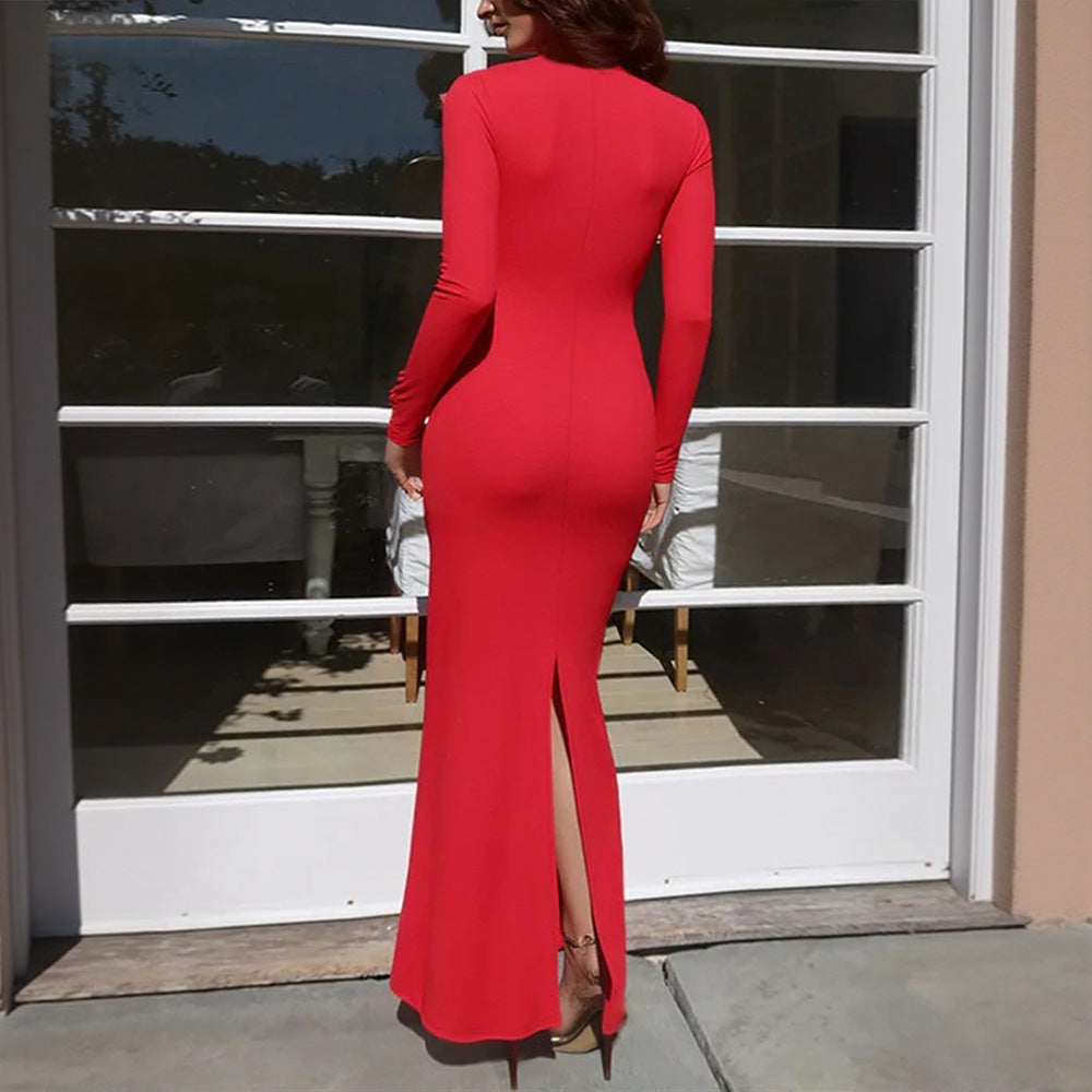 Red V neck Lace Stitching Long Sleeved Slim Fit Sheath Fishtail Dress Elegant Sexy Dress Bella Mia