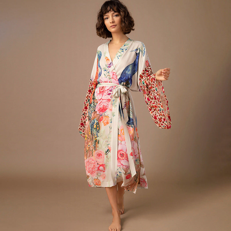 Peacock Positioning Printed Sunscreen Cardigan Seaside Vacation Baggy Coat Beach Cover Up Swimsuit Outwear Women Bella Mia