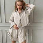 Plaid Cardigan Long Sleeve Shorts Home Wear Autumn Cotton Loose Casual Pajamas Women Bella Mia
