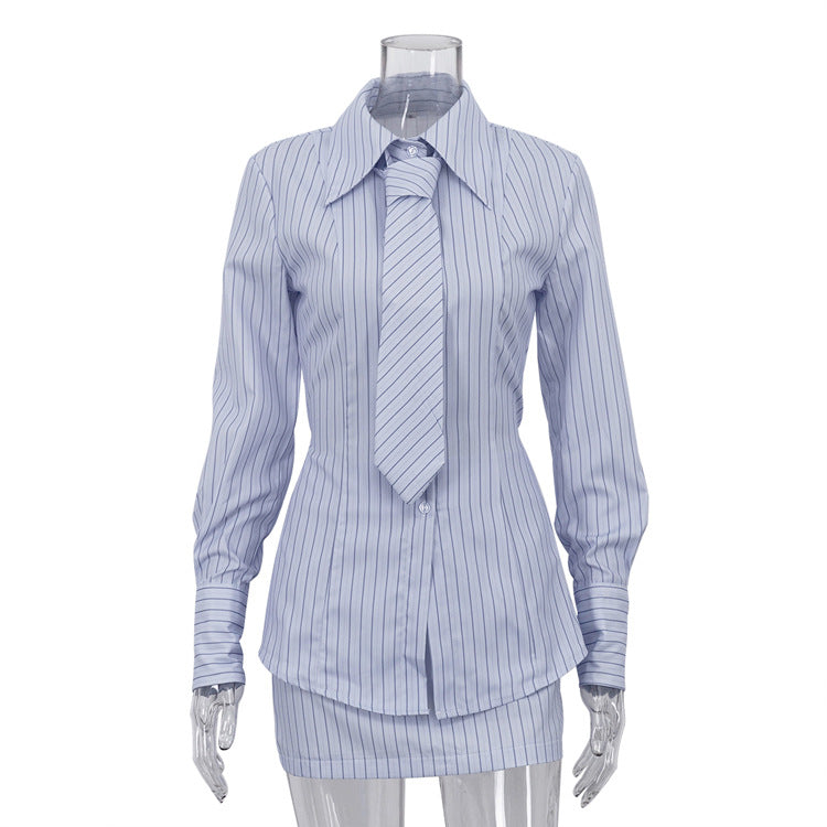 Printed Striped Tie Shirt Skirt Set Women Collared Long Sleeved Shirt Office Two Piece Set Bella Mia