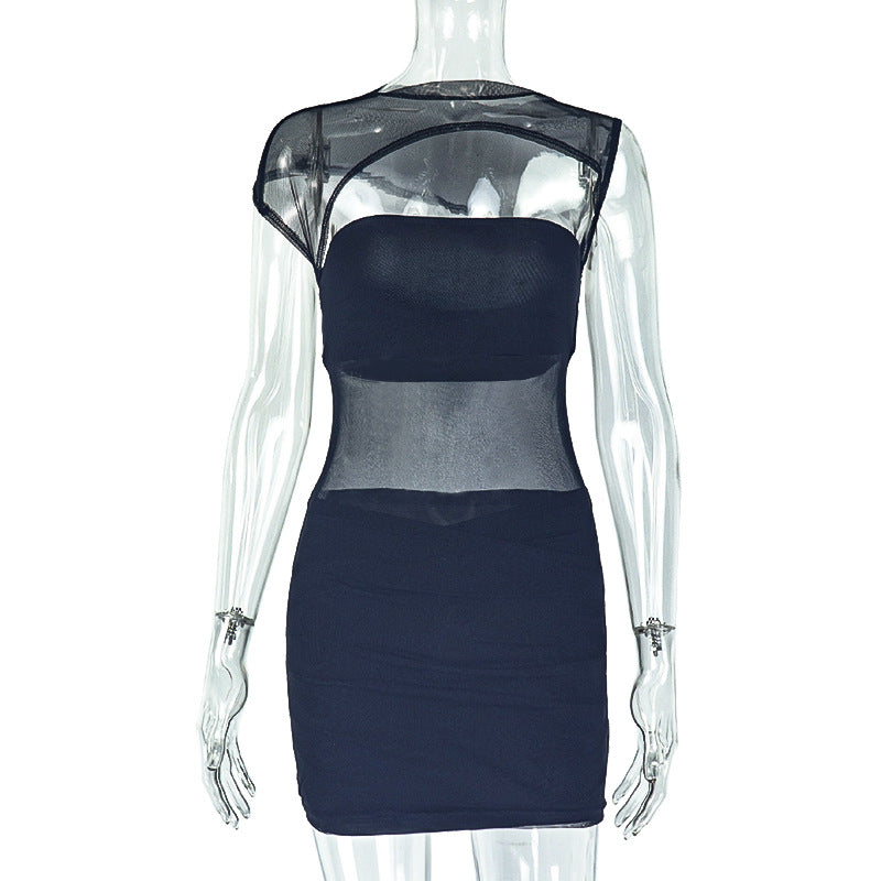 Personality Hipster Women Clothing Sexy See through Slim Hip Skirt Hollow Out Cutout High Collar Solid Color Short Dress Bella Mia