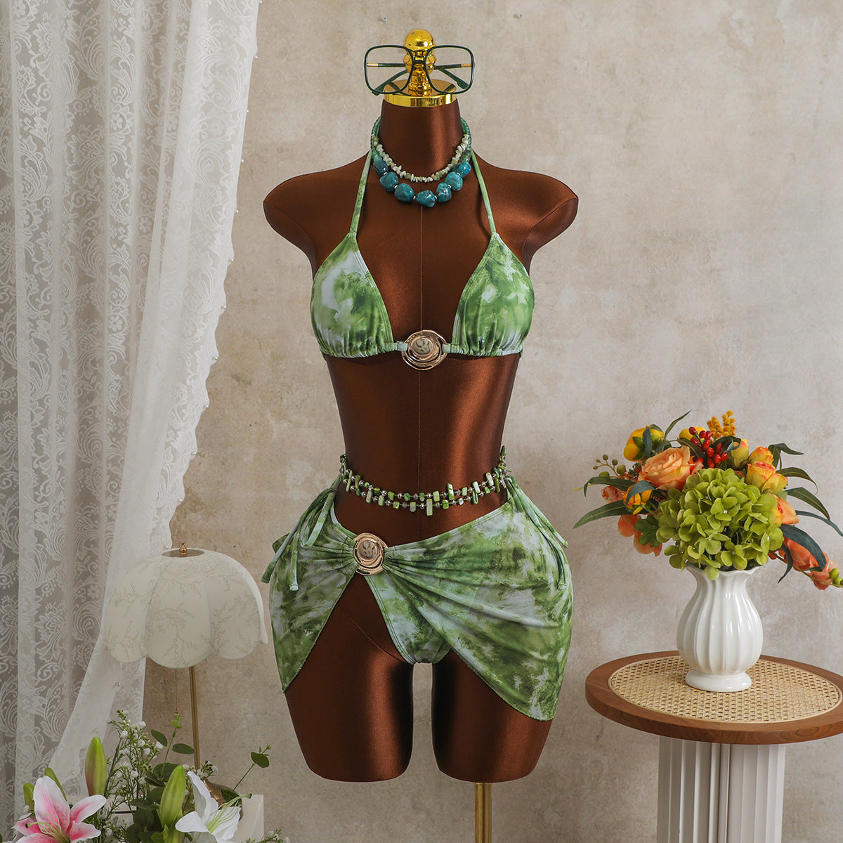 Sexy Tie Dyed Mesh Three Piece Swimsuit Holiday Halter Banded Bikini Bella Mia