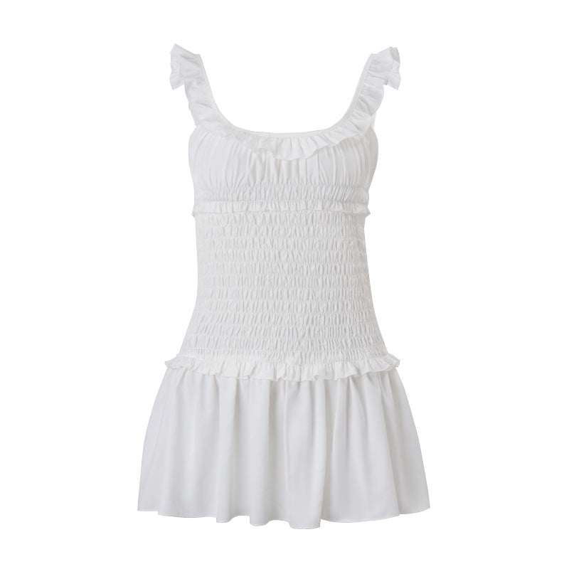 Women Clothing Spring Sexy Elegant Wooden Ear Pleated Strap Pleated Dress Short for Women Bella Mia