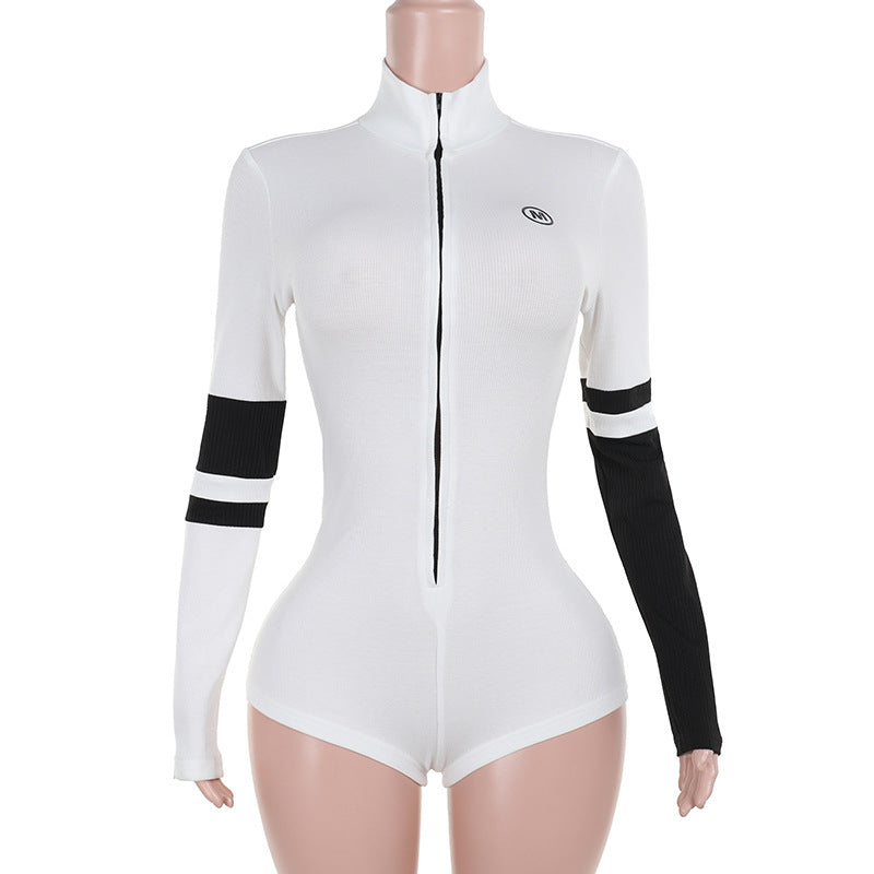 Knitted Contrast Color Turtleneck Zipper Tight Jumpsuit Locomotive Sexy All Matching Women Clothing Bella Mia