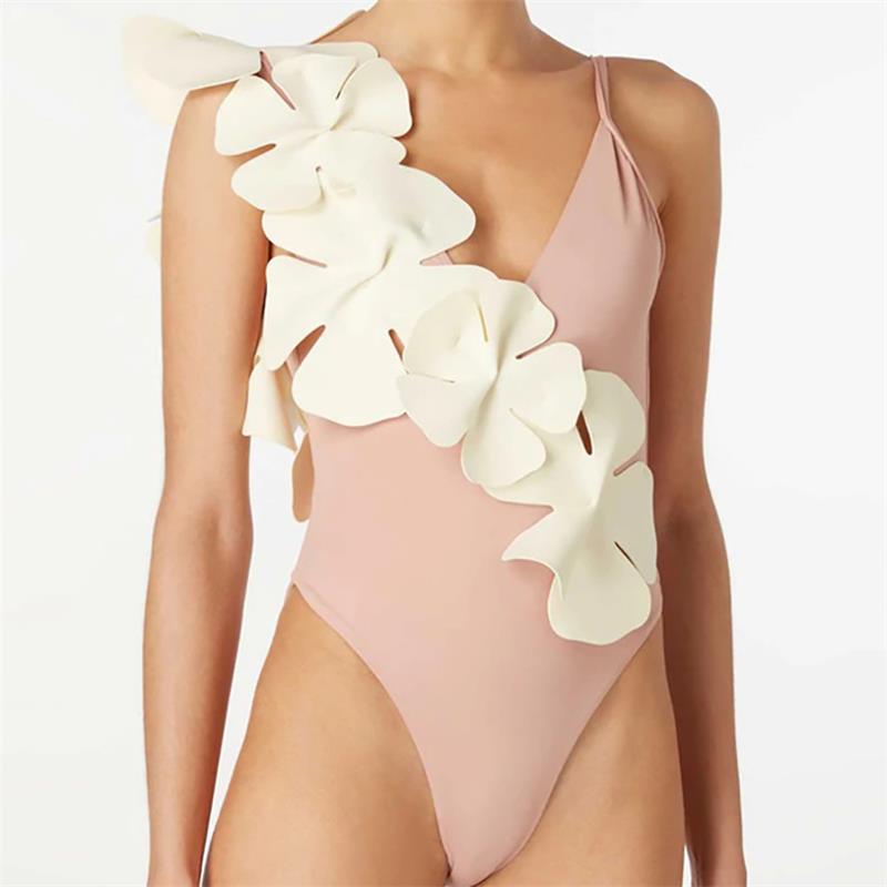 Solid Color Sexy Gather Backless Three Dimensional Floral One Piece Women Bikini Swimsuit 3D Decoration Bella Mia
