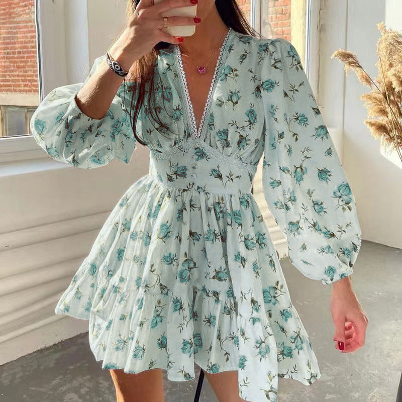 Spring Women Clothing Sweet Elegance Printed V neck Lace Waist Trimming Short Dress Bella Mia