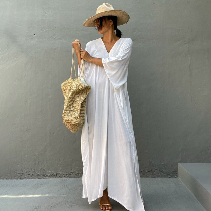 Rayon Solid Color Blouse Seaside Vacation Dress Loose Overclothes Bikini Swimsuit Robe Outer Wear Women Bella Mia
