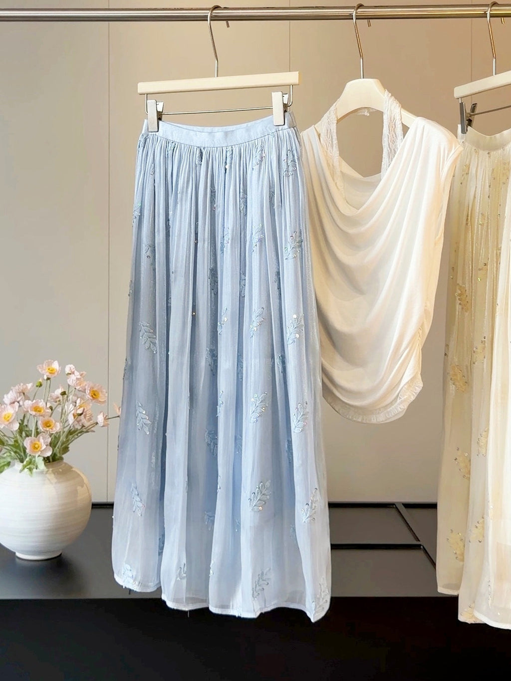 French High Grade Embroidery Sequin Streamer Yarn Women Summer Drape Fairy Cover Swing Maxi Skirt